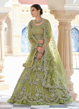 Load image into Gallery viewer, Olive Green Heavy Floral Embroidered Stylish Wedding Lehenga fashionandstylish.myshopify.com