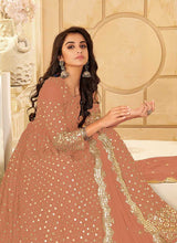 Load image into Gallery viewer, Peach And Gold Mirror Embroidered Kalidar Gown Style Anarkali fashionandstylish.myshopify.com