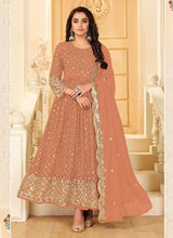 Load image into Gallery viewer, Peach And Gold Mirror Embroidered Kalidar Gown Style Anarkali fashionandstylish.myshopify.com