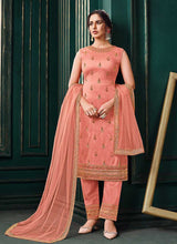 Load image into Gallery viewer, Peach Perfect Heavy Embroidered Jacket Style Pant Suit fashionandstylish.myshopify.com