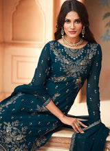 Load image into Gallery viewer, Peacock Blue Embroidered Straight Pant Style Suit fashionandstylish.myshopify.com