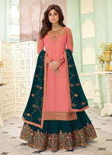 Load image into Gallery viewer, Pink and Teal Embroidered Lehenga Style Anarkali Suit fashionandstylish.myshopify.com