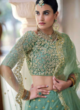 Load image into Gallery viewer, Pista Green Floral Embroidered Stylish Wedding Lehenga fashionandstylish.myshopify.com