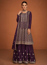 Load image into Gallery viewer, Purple Gold Embroidered Sharara Style Suit