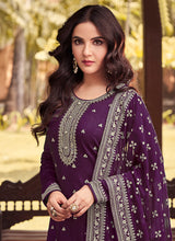 Load image into Gallery viewer, Purple Heavy Embroidered Designer Silk Pant Suit