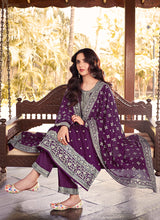 Load image into Gallery viewer, Purple Heavy Embroidered Designer Silk Pant Suit