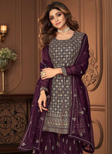 Load image into Gallery viewer, Purple and Gold Designer Embroidered Sharara Suit fashionandstylish.myshopify.com