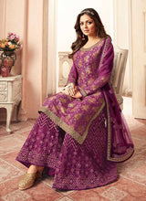 Load image into Gallery viewer, Purple and Gold Embroidered Sharara Style Suit fashionandstylish.myshopify.com