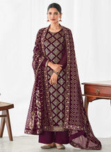 Load image into Gallery viewer, Purple and Gold Embroidered Straight Pant Style Suit fashionandstylish.myshopify.com