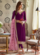 Load image into Gallery viewer, Purple and Gold Embroidered Straight Pant Style Suit fashionandstylish.myshopify.com