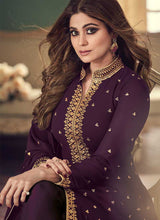 Load image into Gallery viewer, Purple and Gold Heavy Embroidered High Slit Anarkali fashionandstylish.myshopify.com