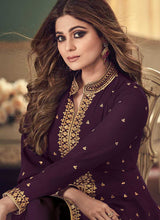 Load image into Gallery viewer, Purple and Gold Heavy Embroidered High Slit Anarkali fashionandstylish.myshopify.com