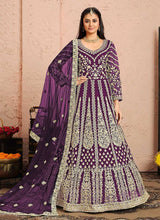 Load image into Gallery viewer, Purple and Gold Heavy Embroidered Kalidar Anarkali Suit fashionandstylish.myshopify.com