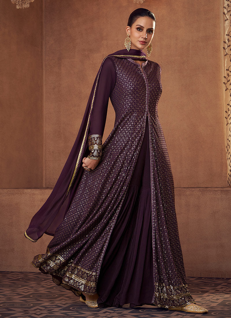 Purple and Gold Heavy Embroidered Lehenga Suit