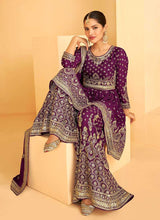 Load image into Gallery viewer, Purple and Gold Heavy Embroidered Sharara Style Suit fashionandstylish.myshopify.com