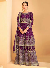 Load image into Gallery viewer, Purple and Gold Heavy Embroidered Sharara Style Suit fashionandstylish.myshopify.com