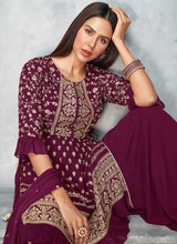 Load image into Gallery viewer, Purple and Gold Heavy Embroidered Stylish Palazzo Suit fashionandstylish.myshopify.com