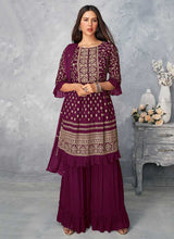 Load image into Gallery viewer, Purple and Gold Heavy Embroidered Stylish Palazzo Suit fashionandstylish.myshopify.com