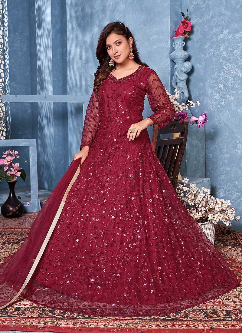 Red Floral Heavy Embroidered Gown Style Anarkali - India Clothing Red / Stone / Net