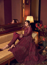Load image into Gallery viewer, Red Wine Heavy Embroidered Lehenga/ Pant Style Anarkali fashionandstylish.myshopify.com