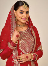 Load image into Gallery viewer, Red and Gold Embroidered Sharara Style Suit