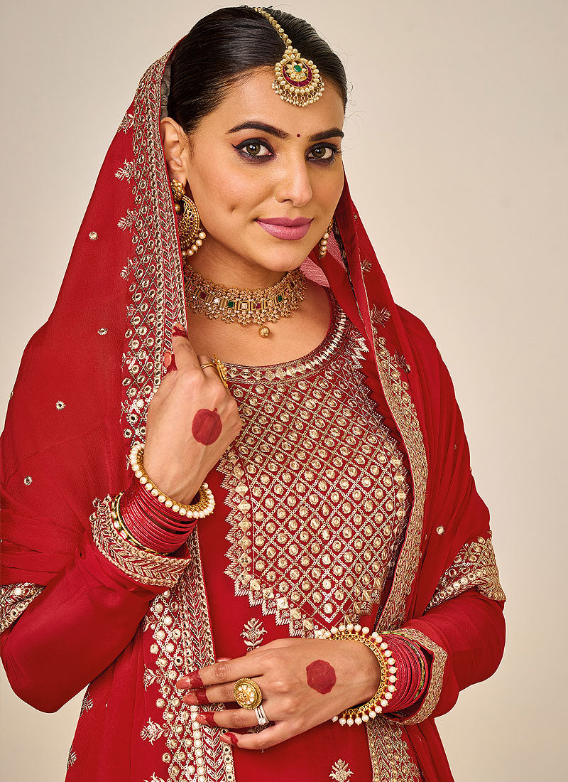 red and golden sharara dress Red and Gold Embroidered Sharara Style Suit (Indian Dress) Red / Thread / Chinon