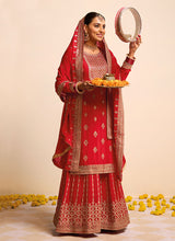 Load image into Gallery viewer, Red and Gold Embroidered Sharara Style Suit