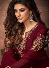 Load image into Gallery viewer, Red and Gold Embroidered Straight Pant Style Suit fashionandstylish.myshopify.com