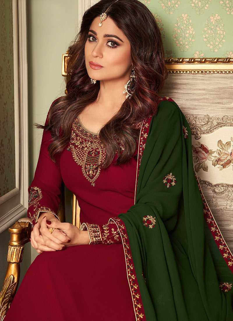 Red and Green Embroidered Sharara Style Suit Red and Green Embroidered Sharara Style Suit