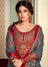 Load image into Gallery viewer, Red and Grey Embroidered Lehenga Style Anarkali Suit fashionandstylish.myshopify.com