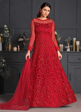 Load image into Gallery viewer, Rose Red Heavy Floral Embroidered Kalidar Gown Style Anarkali fashionandstylish.myshopify.com
