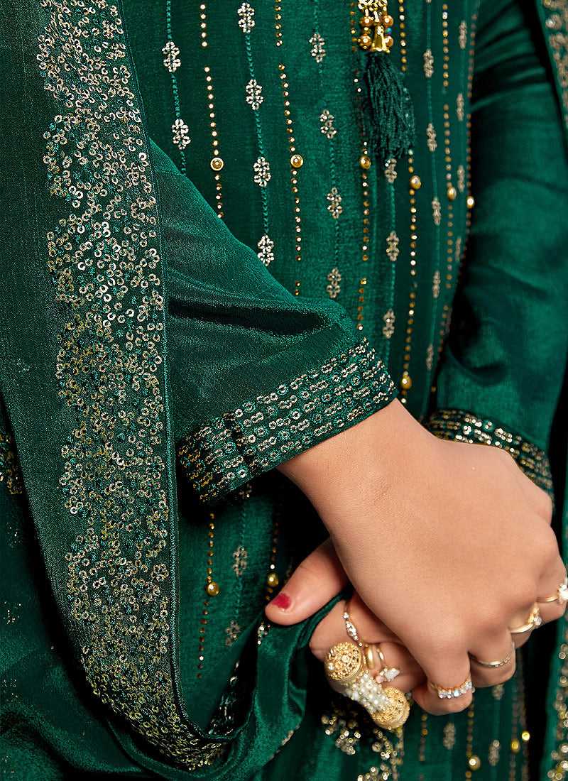 strapless open back dress Sea Green Heavy Embroidered Sequins Work Designer Palazzo Suit Sea Green / Thread / Chinon