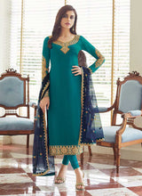 Load image into Gallery viewer, Sea Green and Gold Embroidered Straight Pant Style Suit fashionandstylish.myshopify.com