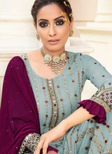 Load image into Gallery viewer, Sky Blue Embroidered Mirror Work Palazzo Style Suit fashionandstylish.myshopify.com