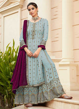 Load image into Gallery viewer, Sky Blue Embroidered Mirror Work Palazzo Style Suit fashionandstylish.myshopify.com