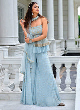 Load image into Gallery viewer, Sky Blue Embroidered Stylish Sharara Style Suit fashionandstylish.myshopify.com