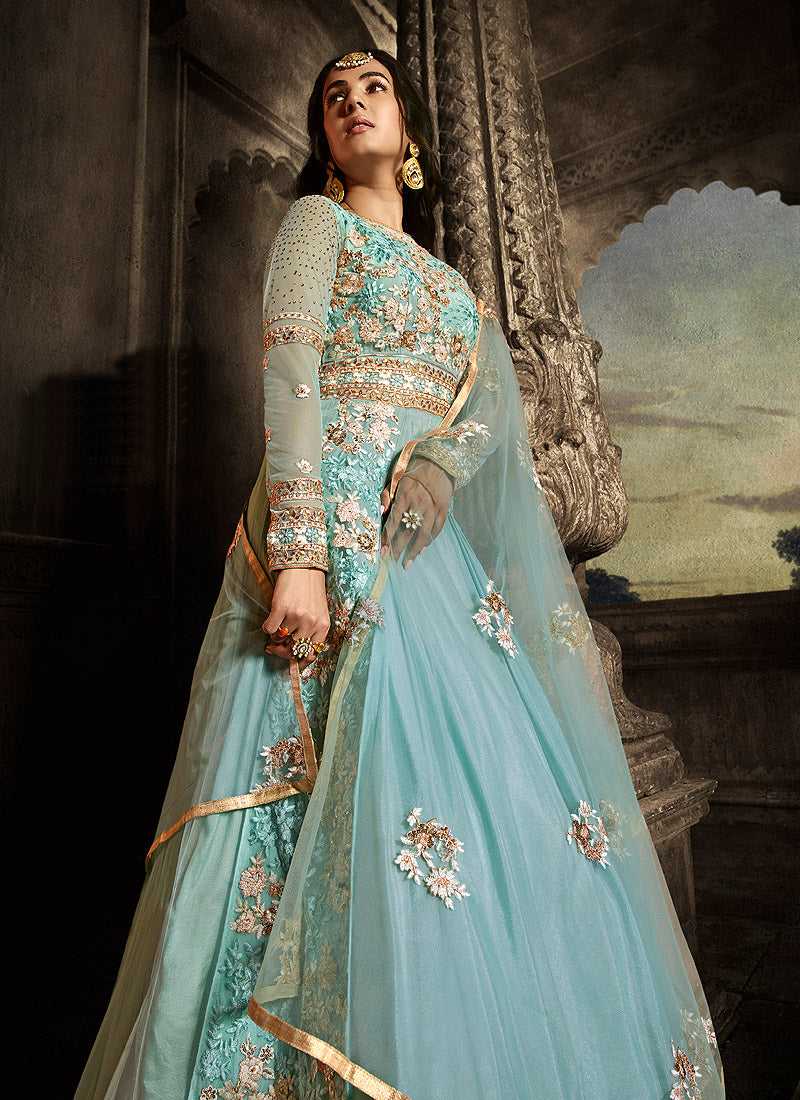 Sky Blue Floral Embroidered Heavy Anarkali Suit Sky Blue / Stone / Net