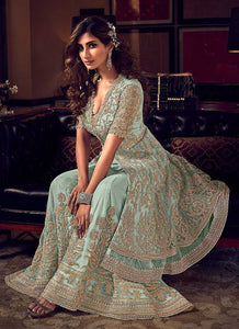 Sky Blue Heavy Embroidered Sharara Style Suit fashionandstylish.myshopify.com