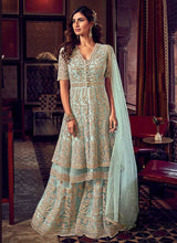 Load image into Gallery viewer, Sky Blue Heavy Embroidered Sharara Style Suit fashionandstylish.myshopify.com