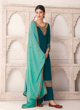Load image into Gallery viewer, Teal And Aqua Embroidered Straight Pant Style Suit fashionandstylish.myshopify.com