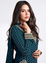 Load image into Gallery viewer, Teal And Gold Embroidered Stylish Pant Suit fashionandstylish.myshopify.com