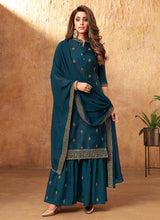 Load image into Gallery viewer, Teal Blue Embroidered Silk Palazzo Style Suit fashionandstylish.myshopify.com
