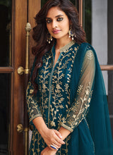 Load image into Gallery viewer, Teal Blue Floral Designer Embroidered Kalidar Anarkali
