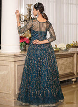 Load image into Gallery viewer, Teal Blue Floral Embroidered Stylish Lehenga/ Pant Style Anarkali fashionandstylish.myshopify.com