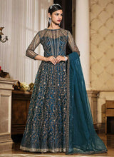 Load image into Gallery viewer, Teal Blue Floral Embroidered Stylish Lehenga/ Pant Style Anarkali fashionandstylish.myshopify.com