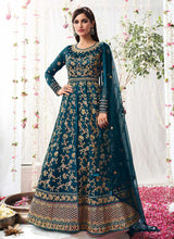 Load image into Gallery viewer, Teal Blue Heavy Embroidered Designer Kalidar Anarkali Suit fashionandstylish.myshopify.com