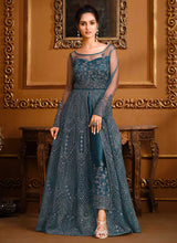 Load image into Gallery viewer, Teal Blue Heavy Embroidered High Slit Style Designer Suit fashionandstylish.myshopify.com