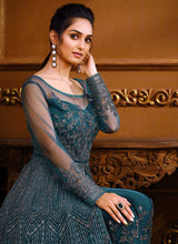 Load image into Gallery viewer, Teal Blue Heavy Embroidered High Slit Style Designer Suit fashionandstylish.myshopify.com