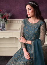 Load image into Gallery viewer, Teal Blue Heavy Net Embroidered Straight Pant Style Suit fashionandstylish.myshopify.com