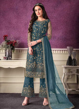 Load image into Gallery viewer, Teal Blue Heavy Net Embroidered Straight Pant Style Suit fashionandstylish.myshopify.com